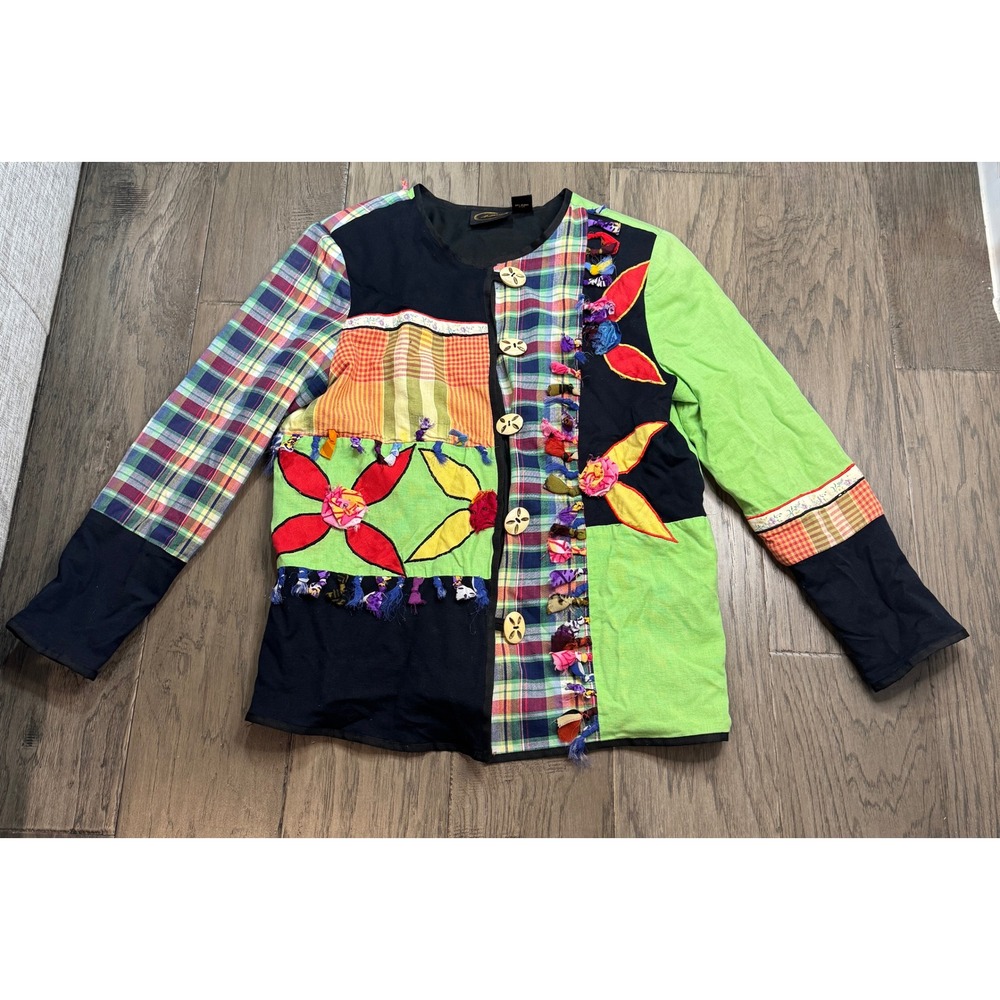 Vntg Allure Patchwork Jacket‎ Women Multicolor Plaid Floral Tassels Buttons SZ M